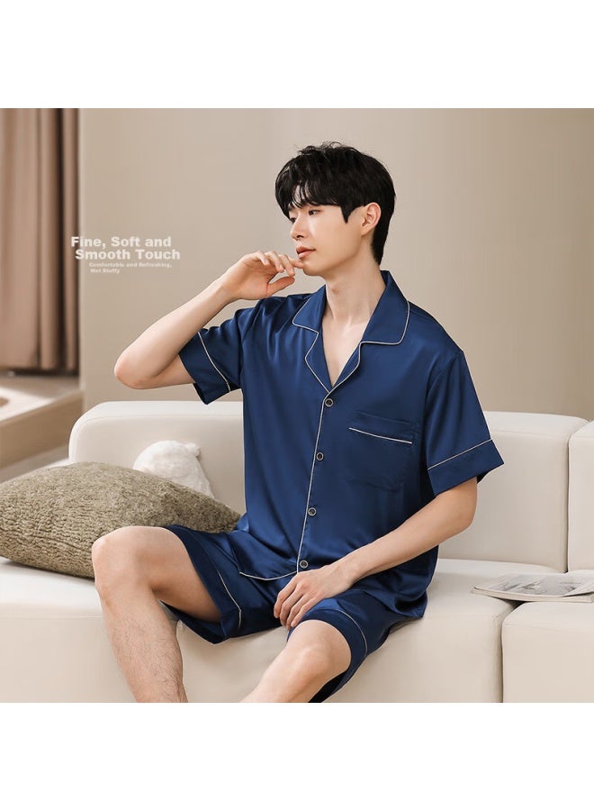 LANG SHA Langsha Men's Pajamas, Summer Thin Ice Silk Cool-feeling Faux Silk Lapel Cardigan Set, Short Style, Suitable For Outdoor Wear, Men's Loungewear - Image 1