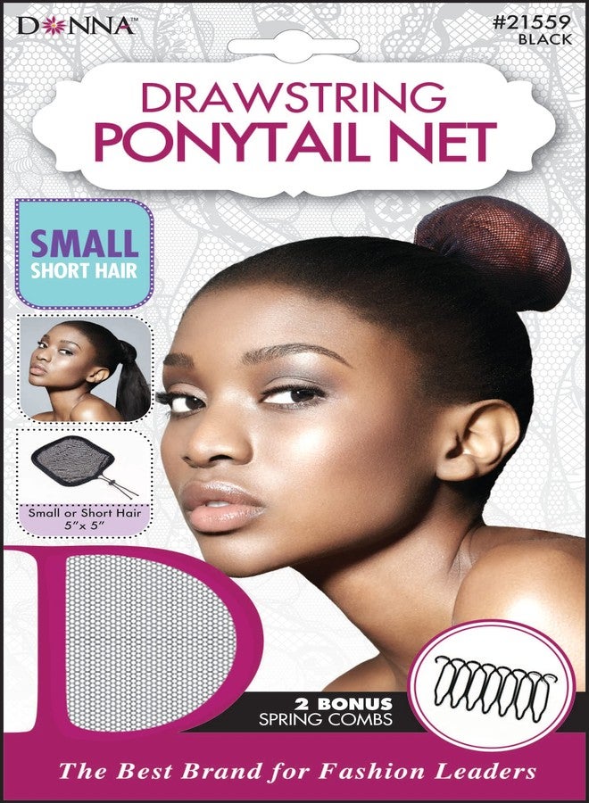 DONNA Drawstring Ponytail Net Small Short Hair Bun Cover Black 2 Spring Combs