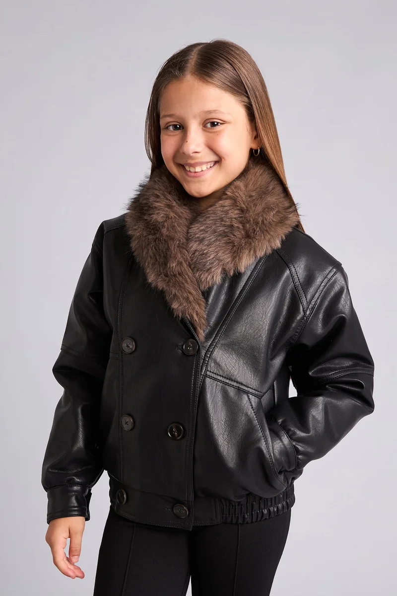 Defacto Girl V-Neck Faux Leather Jacket