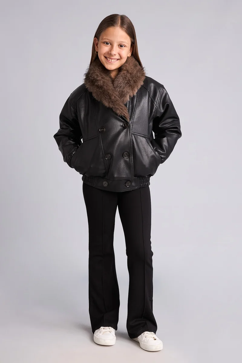 Defacto Girl V-Neck Faux Leather Jacket