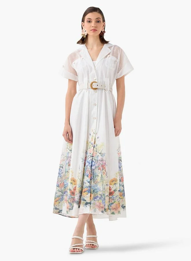 2Xtremz 2Xtremz Floral Print Maxi Dress with Lapel Collar and Short Sleeves