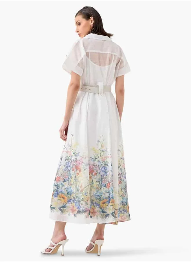 2Xtremz 2Xtremz Floral Print Maxi Dress with Lapel Collar and Short Sleeves