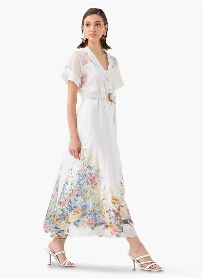 2Xtremz 2Xtremz Floral Print Maxi Dress with Lapel Collar and Short Sleeves