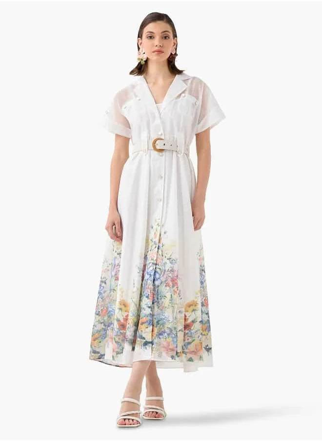 تواكستريمز 2Xtremz Floral Print Maxi Dress with Lapel Collar and Short Sleeves