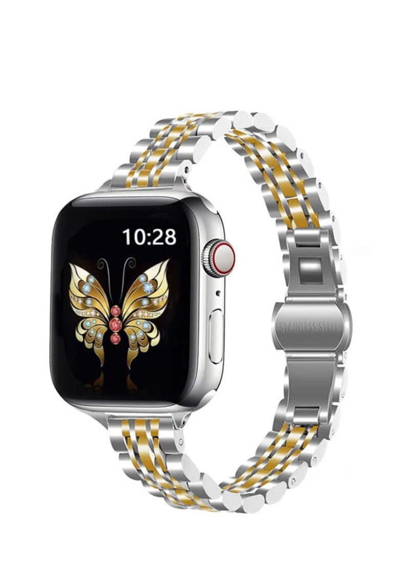 O Ozone Slim Metal Straps For Apple Watch Series 10 9 8 7 6 5 4 SE, 38/40/41/42mm Stainless Steel Metal Smartwatch Wristband -Silver & Gold  - Image 1