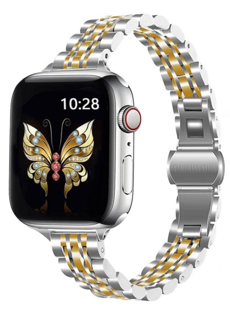 O Ozone أحزمة معدنية رفيعة لسلسلة ساعات Apple Watch SE | 8 | 7 | 6 | 5 | 4 | 3 | 2 | 1 سوار معصم بديل من الفولاذ المقاوم للصدأ للنساء - فضي وذهبي - Image 1