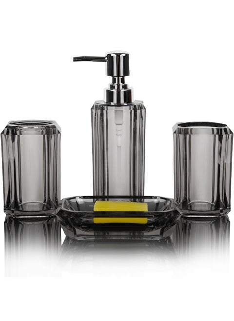 4-Piece Premium Acrylic Bathroom Accessory Set-Hand Sanitizer Bottle Lotion Can Bathroom Suit Separate Bottle Soap Box Mouthwash Cup Toothbrush Cup (Gray)