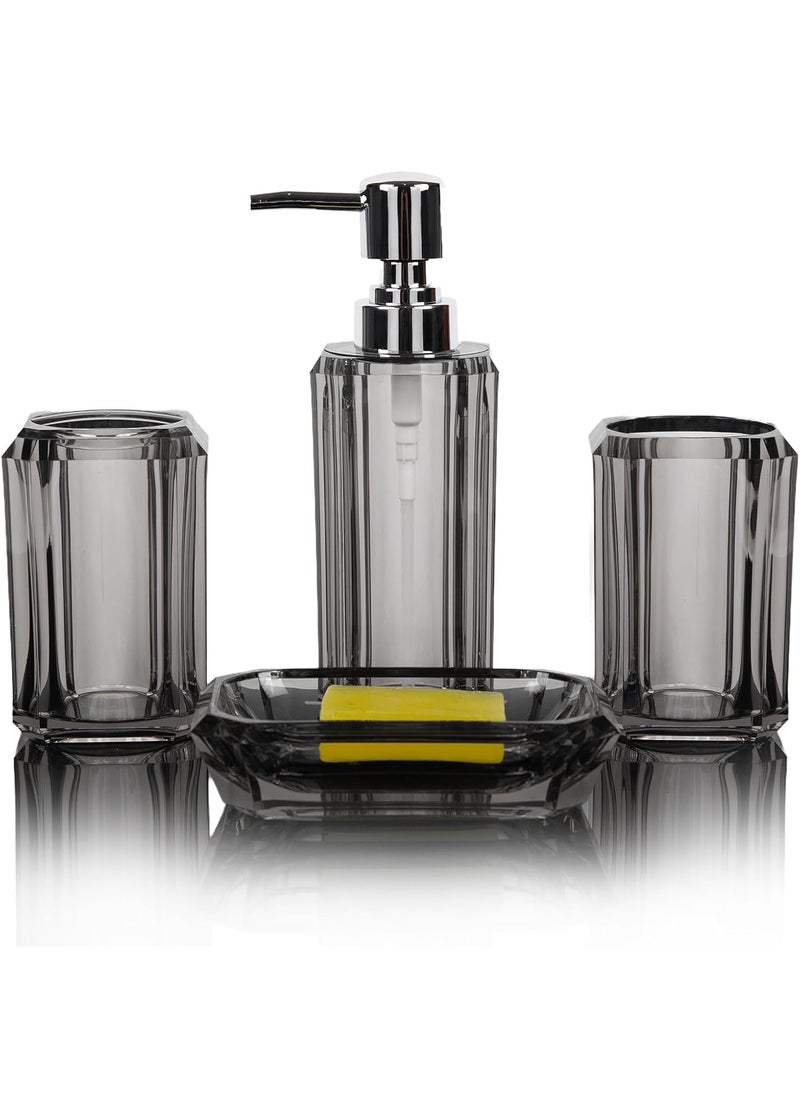 4-Piece Premium Acrylic Bathroom Accessory Set-Hand Sanitizer Bottle Lotion Can Bathroom Suit Separate Bottle Soap Box Mouthwash Cup Toothbrush Cup (Gray)