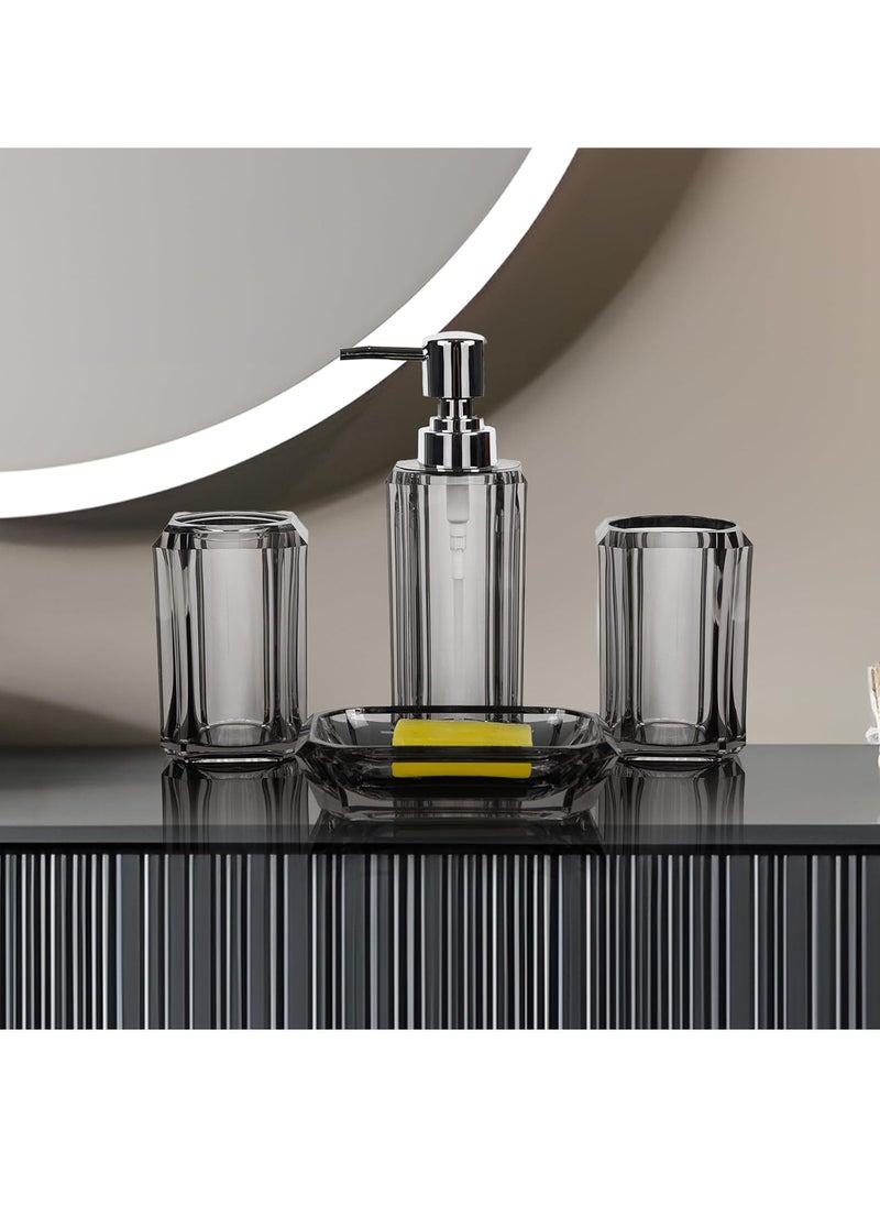 4-Piece Premium Acrylic Bathroom Accessory Set-Hand Sanitizer Bottle Lotion Can Bathroom Suit Separate Bottle Soap Box Mouthwash Cup Toothbrush Cup (Gray)