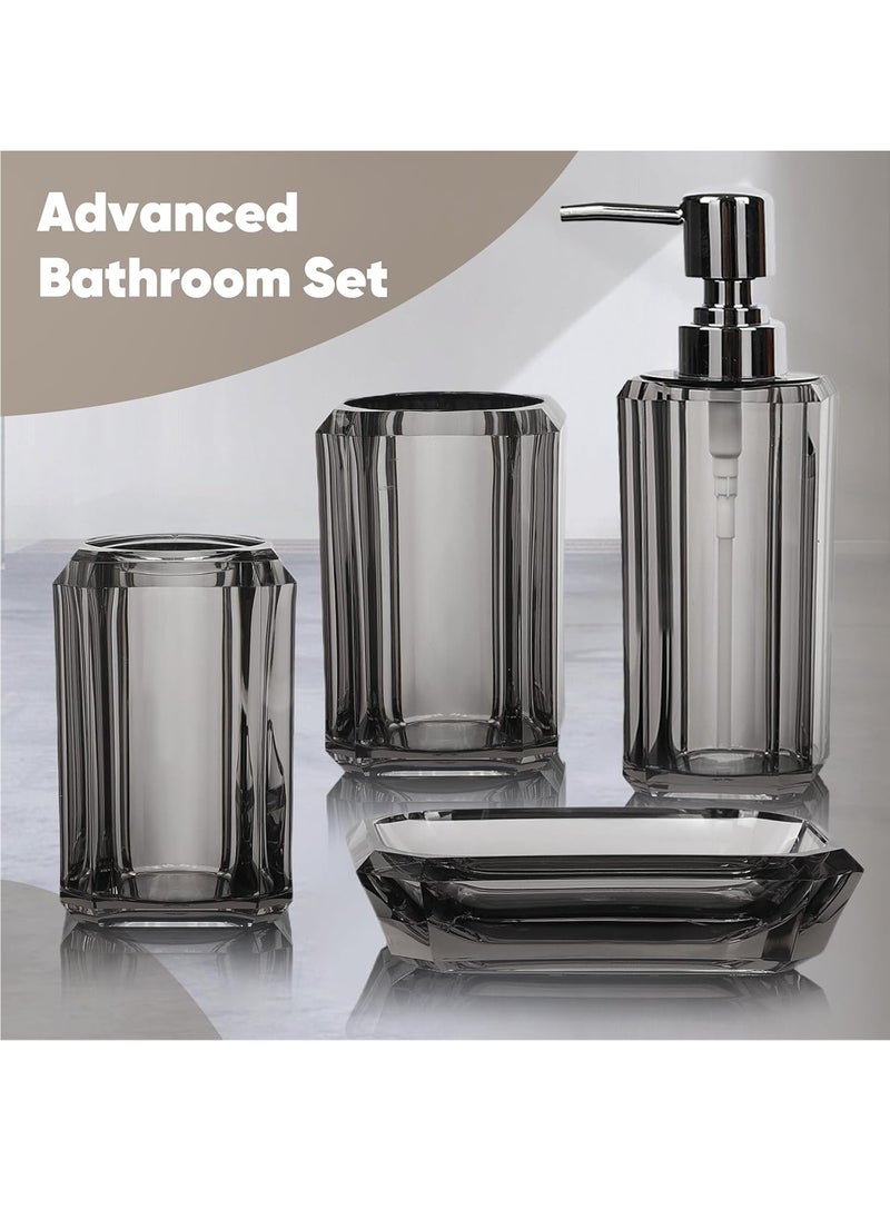 4-Piece Premium Acrylic Bathroom Accessory Set-Hand Sanitizer Bottle Lotion Can Bathroom Suit Separate Bottle Soap Box Mouthwash Cup Toothbrush Cup (Gray)