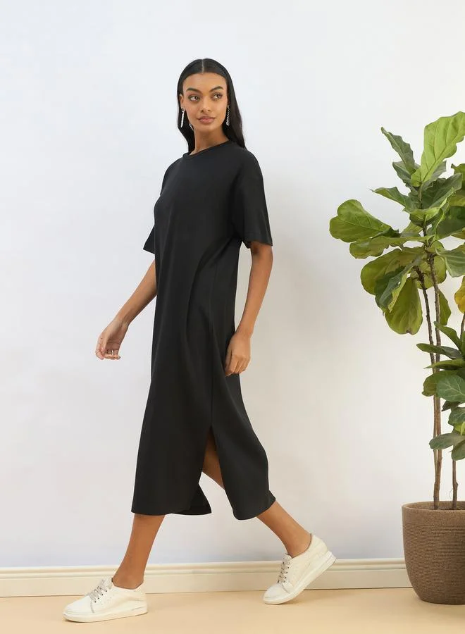 SASSAFRAS Sassafras Black Waffle Knit Oversized T-Shirt Midi Dress