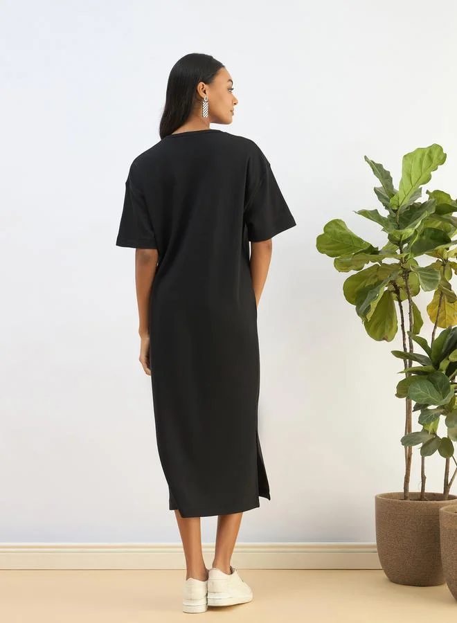 SASSAFRAS Sassafras Black Waffle Knit Oversized T-Shirt Midi Dress