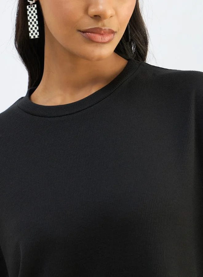 SASSAFRAS Sassafras Black Waffle Knit Oversized T-Shirt Midi Dress