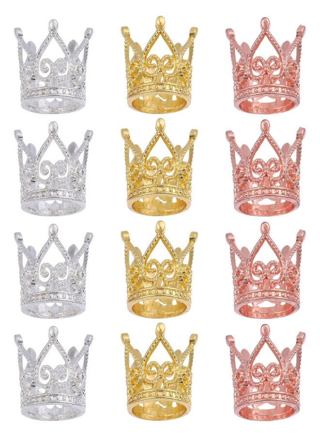 FREEBLOSS 12 Pcs Dollhouse Mini Crown Metal Mini Doll Crown Tiny Miniature Crowns for Princess Cake Topper Dolls Headwear Accessories 1.7x2cm/0.7x0.8 Gold&Silver&Rose Gold - Image 1