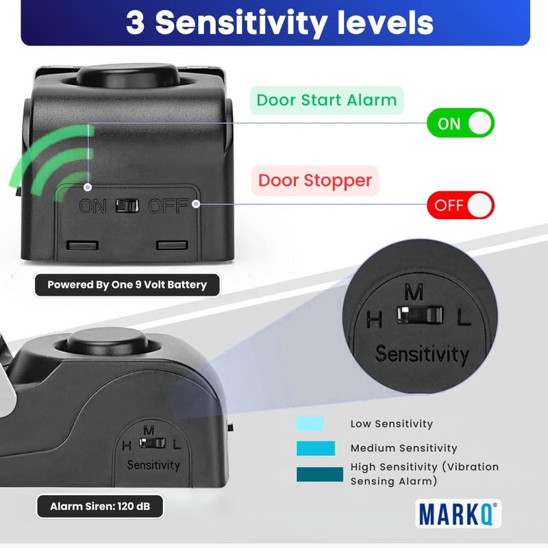 MARKQ موقف الباب المنبه - أمان محمول مع إنذار 120 ديسيبل، حساسية قابلة للتعديل، قاعدة مضادة للانزلاق من الفولاذ المقاوم للصدأ للسفر والمنزل والفندق (أسود، عبوة من 1) - Image 2