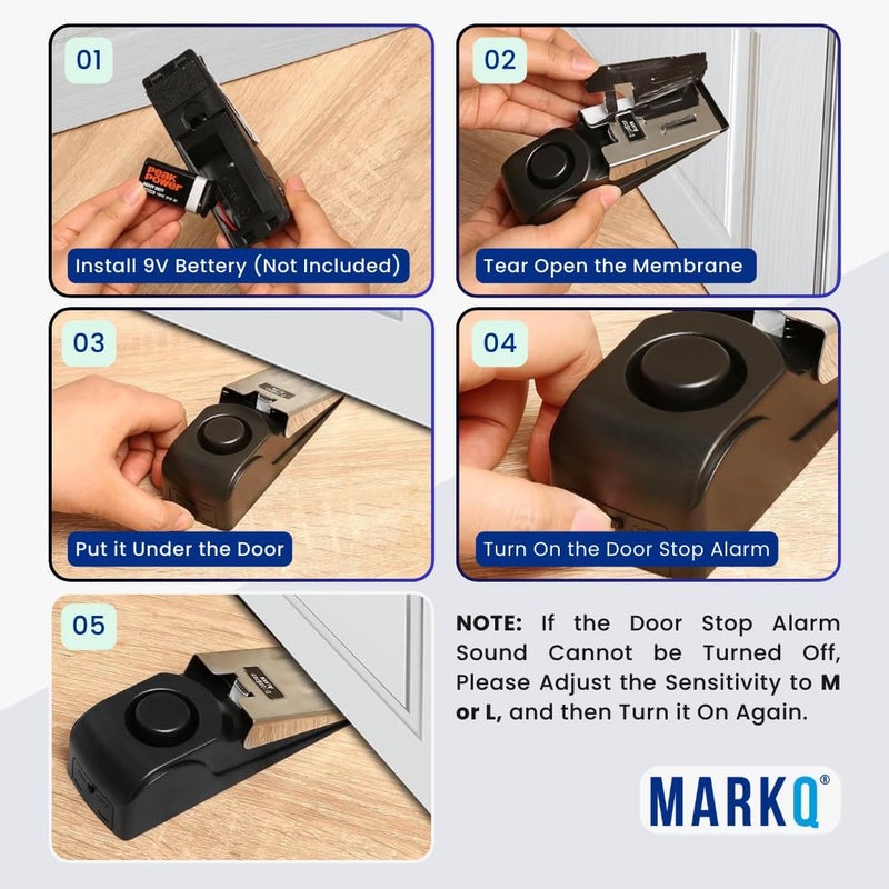 MARKQ موقف الباب المنبه - أمان محمول مع إنذار 120 ديسيبل، حساسية قابلة للتعديل، قاعدة مضادة للانزلاق من الفولاذ المقاوم للصدأ للسفر والمنزل والفندق (أسود، عبوة من 1) - Image 5