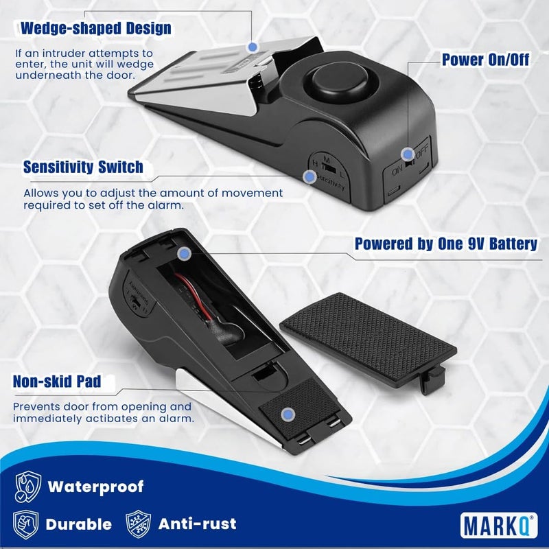 MARKQ موقف الباب المنبه - أمان محمول مع إنذار 120 ديسيبل، حساسية قابلة للتعديل، قاعدة مضادة للانزلاق من الفولاذ المقاوم للصدأ للسفر والمنزل والفندق (أسود، عبوة من 1) - Image 4