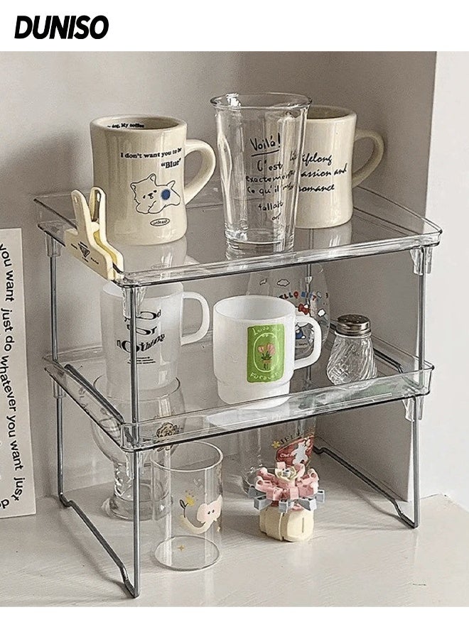 DUNISO 2 Pcs Kitchen Stackable Shelves, Cabinet Storage Organization, Storage Rack, Foldable Plasitc Storage Desk Shelf for Kitchen, Bedroom and Bathroom, Clear - Image 1