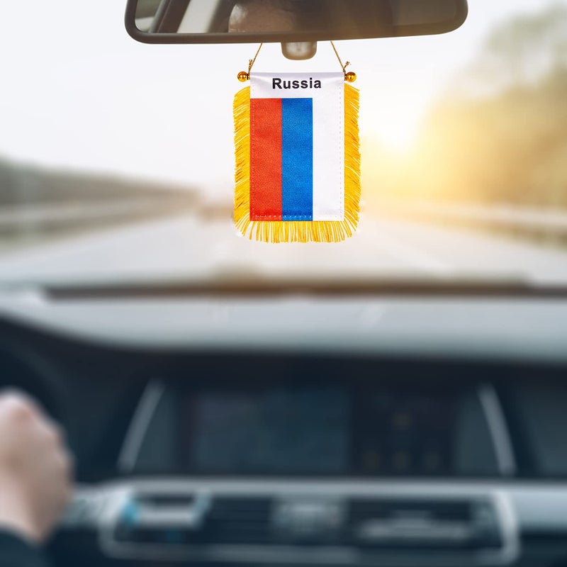 WXTWK 3 X 5 Inch Russia Flag Russian Window Hanging Flag Small Mini Car Flags Banners Rearview Mirror Decoration With Suction Cup Golden Fringy Banner - Image 4