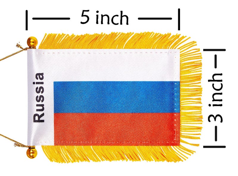WXTWK 3 X 5 Inch Russia Flag Russian Window Hanging Flag Small Mini Car Flags Banners Rearview Mirror Decoration With Suction Cup Golden Fringy Banner - Image 2
