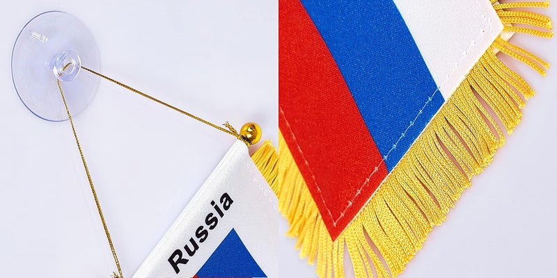 WXTWK 3 X 5 Inch Russia Flag Russian Window Hanging Flag Small Mini Car Flags Banners Rearview Mirror Decoration With Suction Cup Golden Fringy Banner - Image 3
