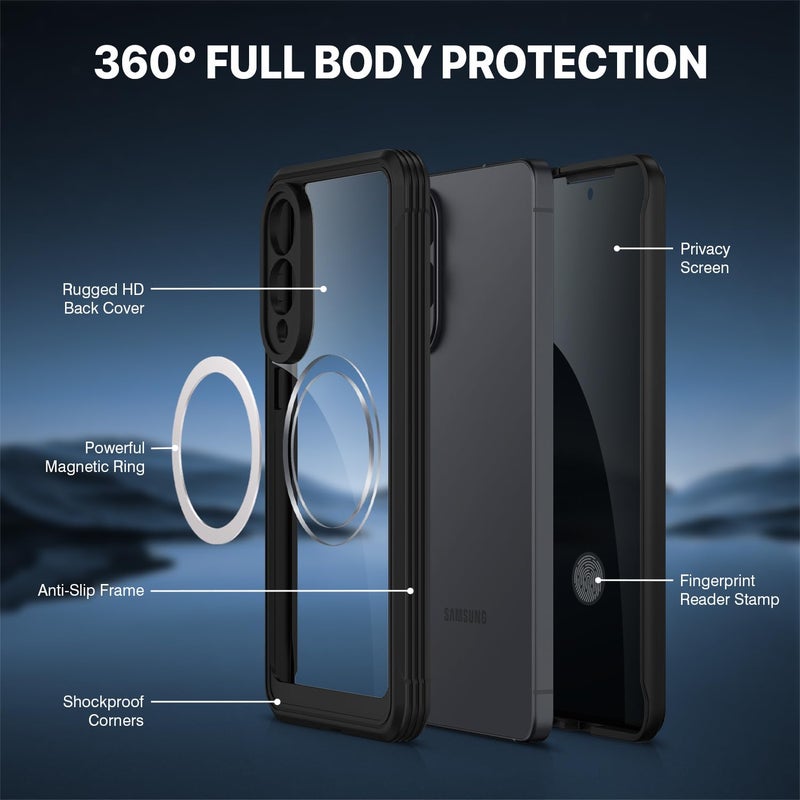 CENHUFO Magnetic Privacy for Samsung Galaxy S25 Edge Case, Full Body Phone Case with Built-in 9H Tempered Glass Privacy Screen Protector and Camera Protector, Shockproof Bumper Clear Cover - Black - Image 3