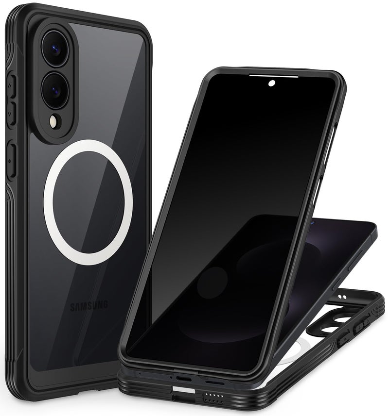 CENHUFO Magnetic Privacy for Samsung Galaxy S25 Edge Case, Full Body Phone Case with Built-in 9H Tempered Glass Privacy Screen Protector and Camera Protector, Shockproof Bumper Clear Cover - Black - Image 1