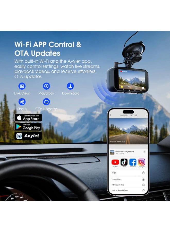 كاميرا مراقبة السيارة Avylet – دقة 4K/2.5K+1080P مزدوجة (أمامية وخلفية)، واي فاي 5GHz، نظام ADAS، رؤية ليلية فائقة، GPS، مع بطاقة ذاكرة 64GB - Image 4