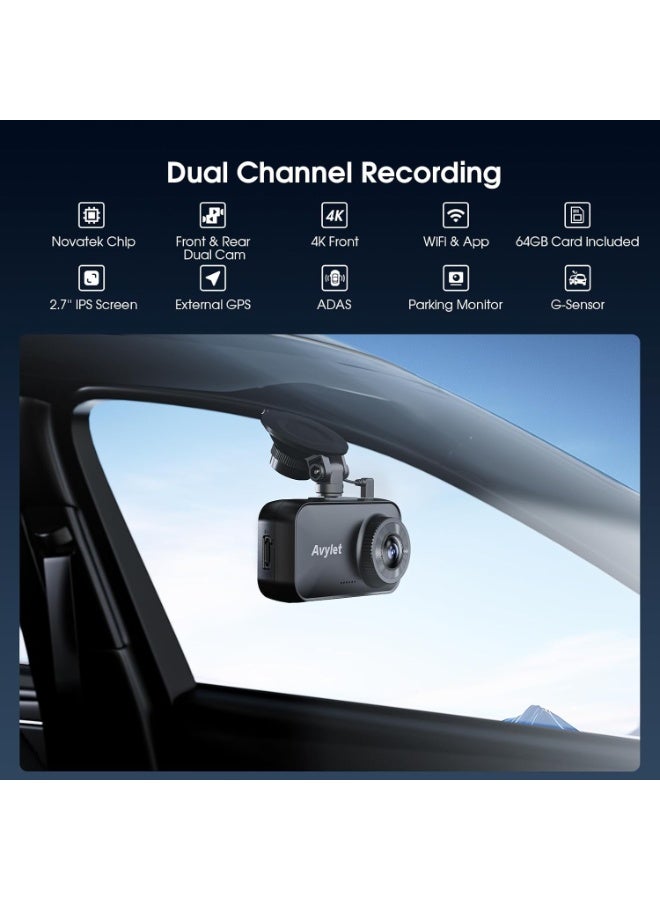 كاميرا مراقبة السيارة Avylet – دقة 4K/2.5K+1080P مزدوجة (أمامية وخلفية)، واي فاي 5GHz، نظام ADAS، رؤية ليلية فائقة، GPS، مع بطاقة ذاكرة 64GB - Image 2