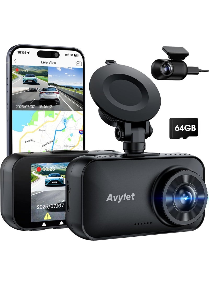 كاميرا مراقبة السيارة Avylet – دقة 4K/2.5K+1080P مزدوجة (أمامية وخلفية)، واي فاي 5GHz، نظام ADAS، رؤية ليلية فائقة، GPS، مع بطاقة ذاكرة 64GB - Image 1