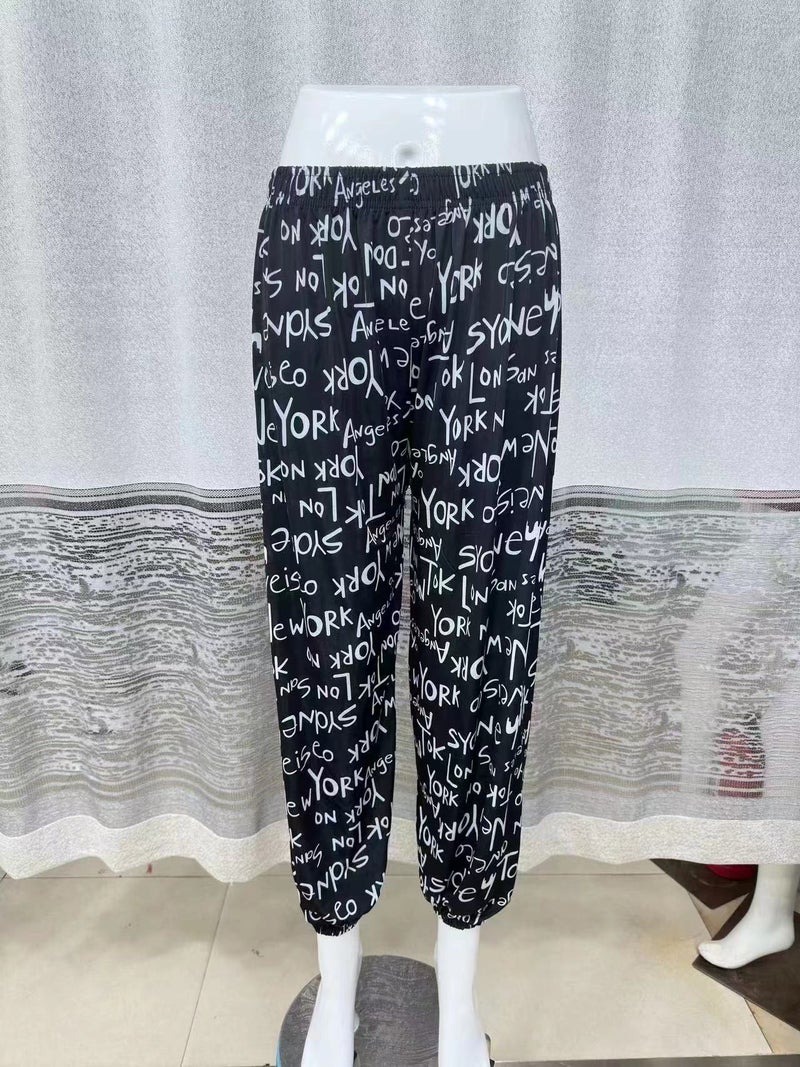 Guofeng Anti-mosquito Pants High Waist Womens Summer Thin Ice Silk Bloomers Stall Cool Pants Harlan Bundled Pants Black Letters 