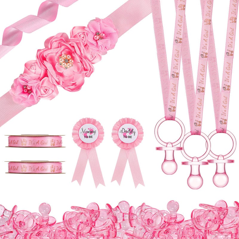 Konohan 53 Pcs Baby Shower Pacifiers Set Include Maternity Sash Pink Acrylic Baby Pacifier It's a Girl Ribbon Pacifier Necklaces Mom and Dad to Be Pin for Baby Shower Charms Gender Reveal Pregnancy Party - Image 1