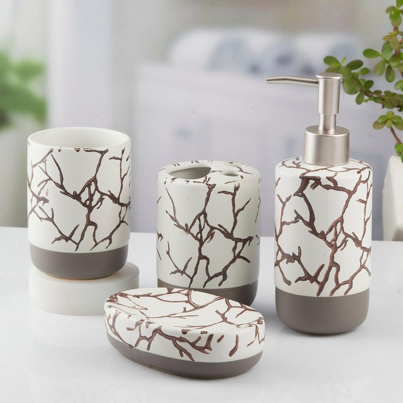 SaSaSa Ceramic Bathroom Accessories Set of 4 Modern Bath Set with Soap Dispenser & Toothbrush Holder, Luxury Home & Gift Idea, White/Grey (10465) - Image 2