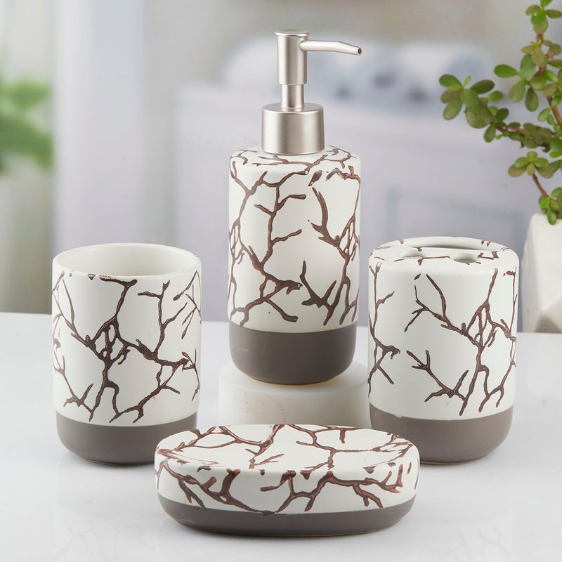SaSaSa Ceramic Bathroom Accessories Set of 4 Modern Bath Set with Soap Dispenser & Toothbrush Holder, Luxury Home & Gift Idea, White/Grey (10465) - Image 4