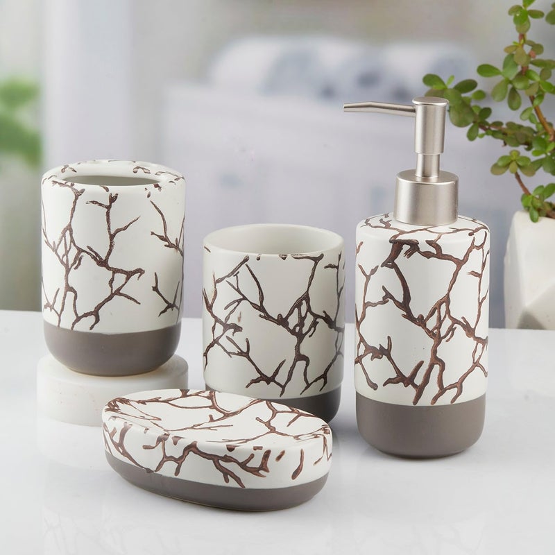 SaSaSa Ceramic Bathroom Accessories Set of 4 Modern Bath Set with Soap Dispenser & Toothbrush Holder, Luxury Home & Gift Idea, White/Grey (10465) - Image 3