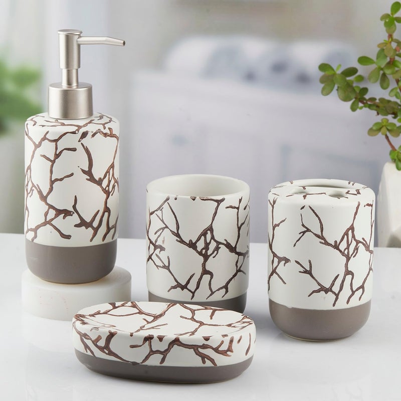 SaSaSa Ceramic Bathroom Accessories Set of 4 Modern Bath Set with Soap Dispenser & Toothbrush Holder, Luxury Home & Gift Idea, White/Grey (10465) - Image 1