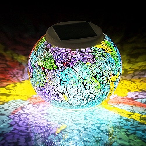 WSgift Color Changing Solar Powered Glass Mosaic Ball Led Garden Lights, Rechargeable Solar Table Lights, Outdoor Waterproof Solar Night Lights Table Lamps for Decorations, Ideal Gifts - Image 1