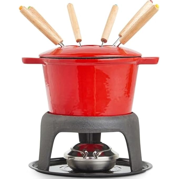 ريحني مجموعة الفوندو مع 6 شوكات للتخييم الساخن الخارجي المناسبة للجبن، الشوكولاتة، واللحوم، الفوندو مصبوب، الحديد الأحمر - Image 1