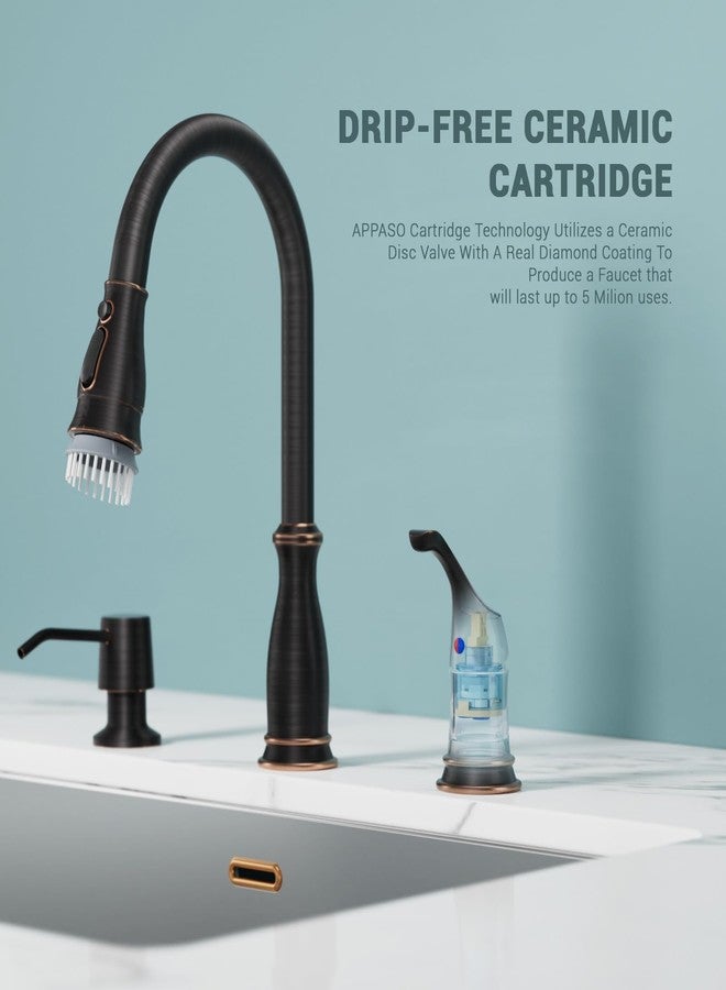 APPASO 3 Hole Kitchen Faucet, Bronze Kitchen Sink Faucet with Pull Down Sprayer 3 Modes, Oil Rubbed Bronze Kitchen Faucet with Soap Dispenser and Separate Handle, Kitchen Faucet 3 Pieces, Zinc Alloy - Image 4