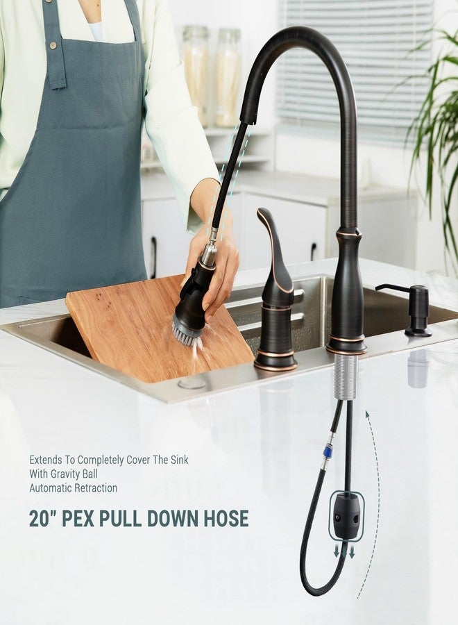 APPASO 3 Hole Kitchen Faucet, Bronze Kitchen Sink Faucet with Pull Down Sprayer 3 Modes, Oil Rubbed Bronze Kitchen Faucet with Soap Dispenser and Separate Handle, Kitchen Faucet 3 Pieces, Zinc Alloy - Image 2