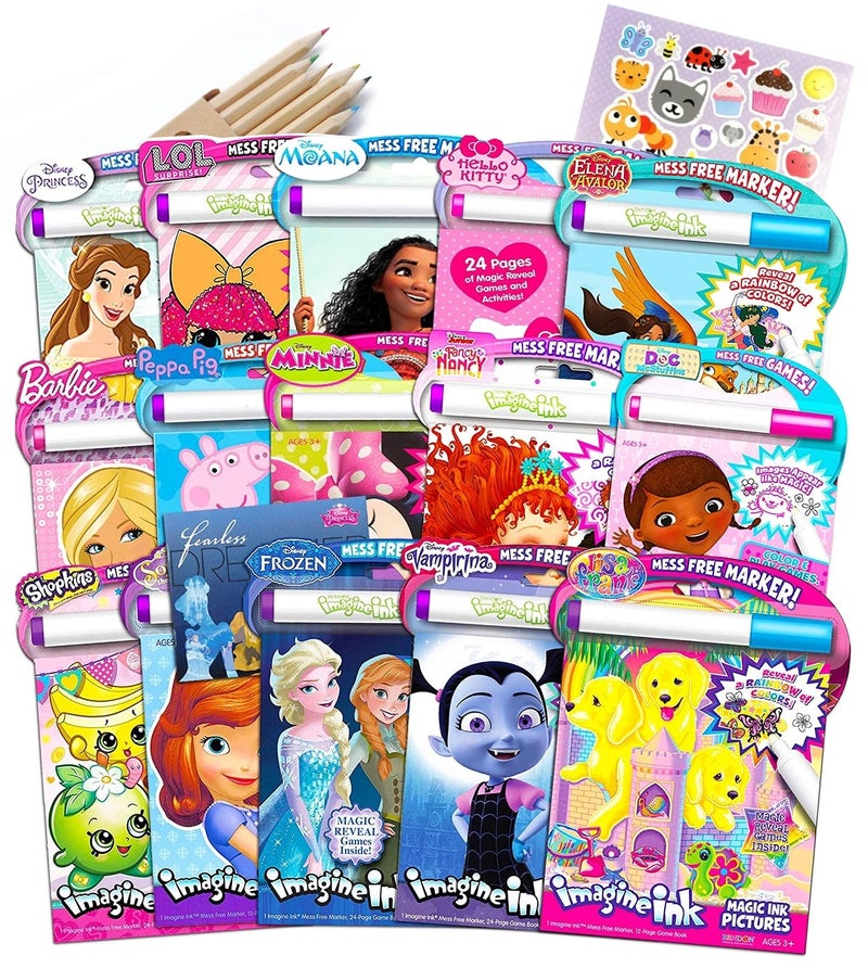 Bendon Set of 6 Imagine Ink Assorted Coloring Books for Girls Mess Free Invisible with Play Sticker Bonus & Wood Coloring Pencils Fun Favors Stickers Bulk - Image 1