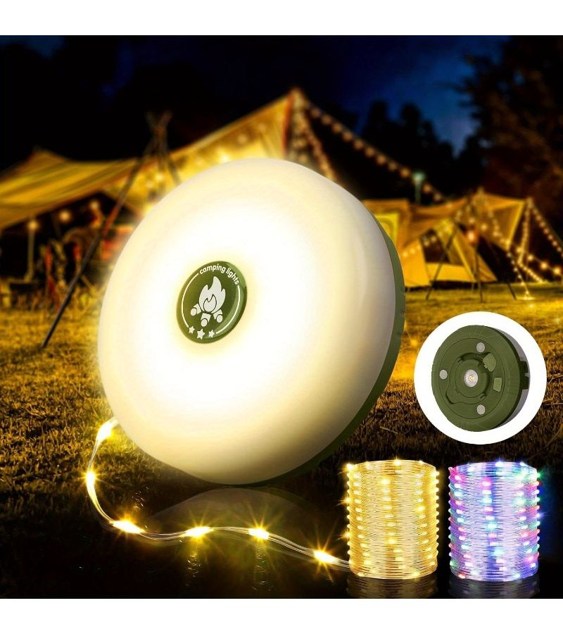مصباح تخييم LED متعدد الوظائف مع أضواء خيطية دافئة وملونة، مقاوم للماء بمعيار IP65، قابل للشحن ومزود بمغناطيس للخيام - Image 1