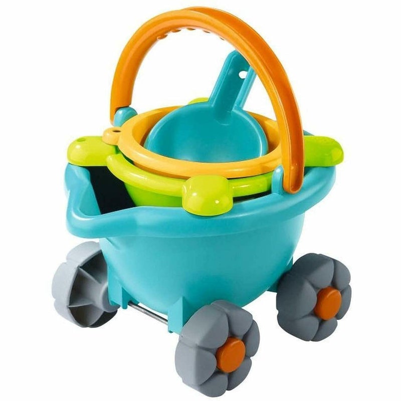 HABA Sand Bucket Scooter - 4 Piece Nesting Beach Toy Set - Toddler Summer Toys & Toddler Beach Essentials with Sand Bucket, Sieve, Shovel, & Pail on Wheels - Perfect Beach Toys for Toddlers 1+ - Image 1