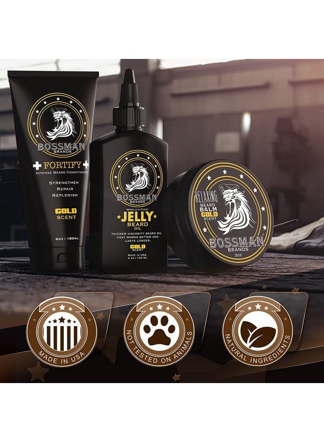 bossman Essentials Beard Kit For Men Beard Oil Jelly, Fortifying Conditioner Cream, Beard Balm Grooming Growth Care Accessories (Gold) - Image 5