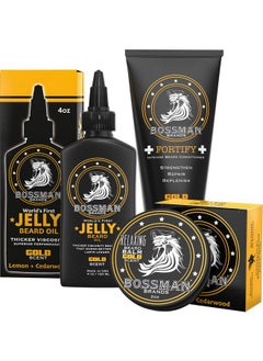bossman Essentials Beard Kit For Men Beard Oil Jelly, Fortifying Conditioner Cream, Beard Balm Grooming Growth Care Accessories (Gold)  - Image 1