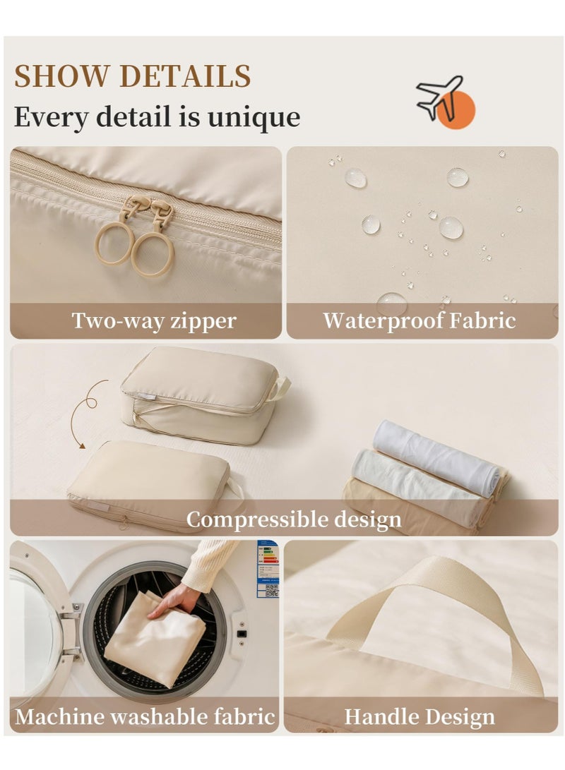 Excefore Compression Packing Cubes for Suitcases 7 Set, Durable Travel Bags Organizer for Luggage, Foldable Suitcase Organizer Bags Set, Compression Bags for Travel Packing Organizer Beige - Image 5
