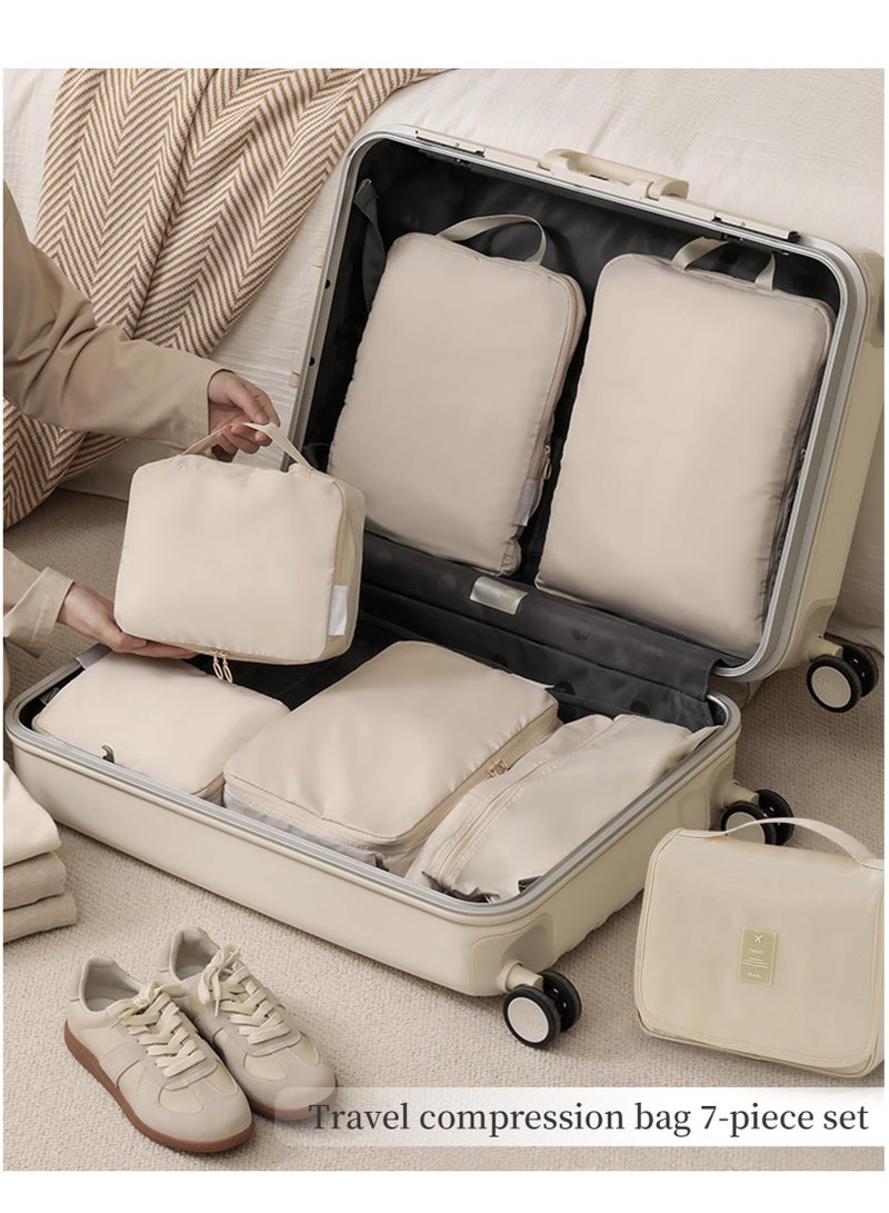 Excefore Compression Packing Cubes for Suitcases 7 Set, Durable Travel Bags Organizer for Luggage, Foldable Suitcase Organizer Bags Set, Compression Bags for Travel Packing Organizer Beige - Image 2