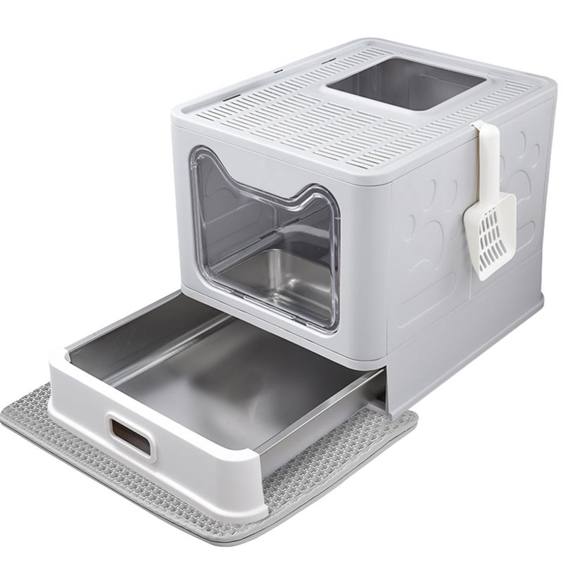Tehoao Enclosed Cat Litter Box with Lid Top Exit Covered Metal Stainless Steel Litter Box Leak Proof & Odorless Easy to Clean Including Cat Litter Scoop and Litter Mat - Image 1