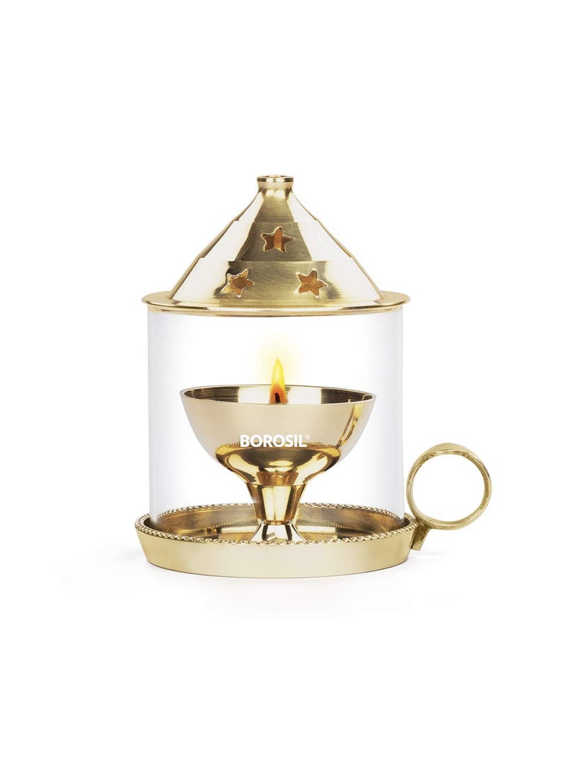 BOROSIL Borosil Medium Size Mangal Diya Decorative Brass Glass Oil Lamp Tea Light Holder Diya with Borosilicate Glass Puja Dia for Mandir Lantern Diya with Glass Cover  - Image 2