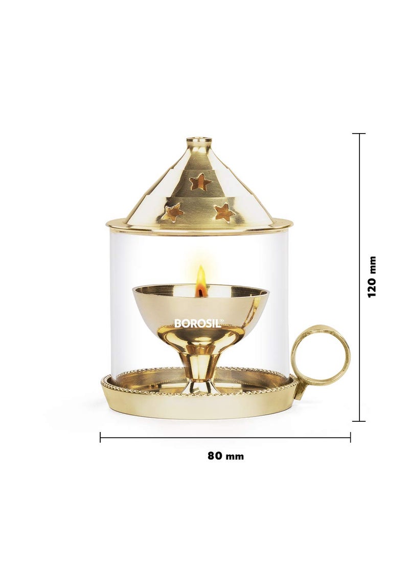 BOROSIL Borosil Medium Size Mangal Diya Decorative Brass Glass Oil Lamp Tea Light Holder Diya with Borosilicate Glass Puja Dia for Mandir Lantern Diya with Glass Cover  - Image 3